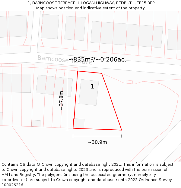 1, BARNCOOSE TERRACE, ILLOGAN HIGHWAY, REDRUTH, TR15 3EP: Plot and title map