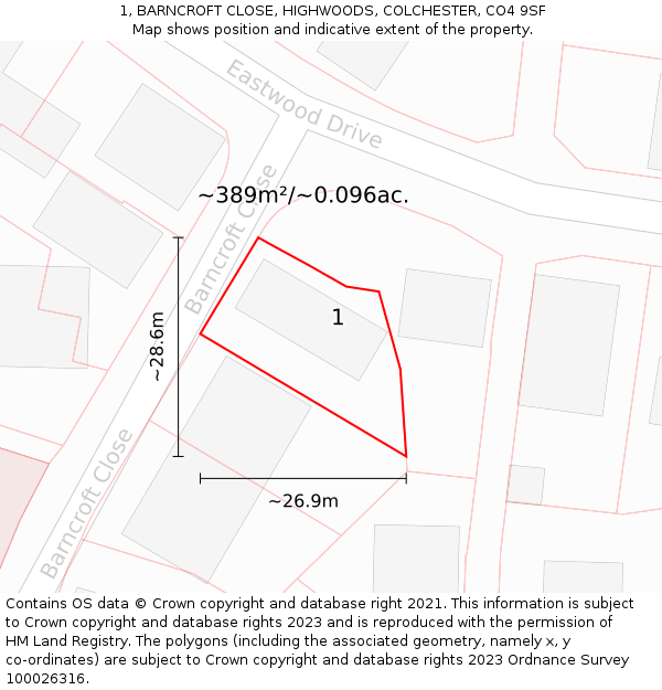 1, BARNCROFT CLOSE, HIGHWOODS, COLCHESTER, CO4 9SF: Plot and title map