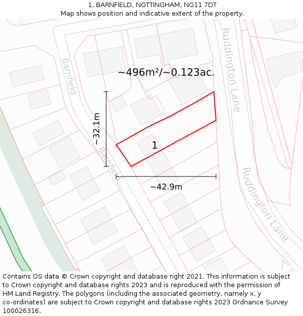 1, BARNFIELD, NOTTINGHAM, NG11 7DT: Plot and title map