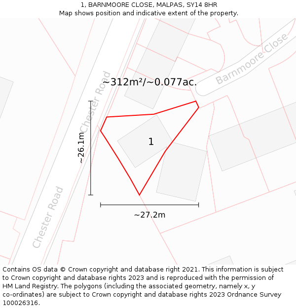 1, BARNMOORE CLOSE, MALPAS, SY14 8HR: Plot and title map