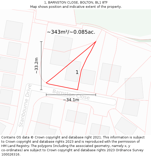 1, BARNSTON CLOSE, BOLTON, BL1 8TF: Plot and title map