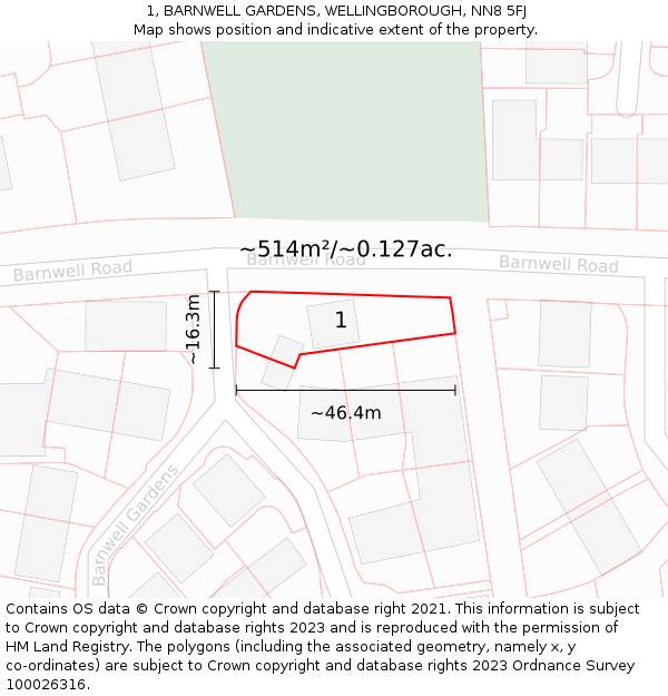 1, BARNWELL GARDENS, WELLINGBOROUGH, NN8 5FJ: Plot and title map