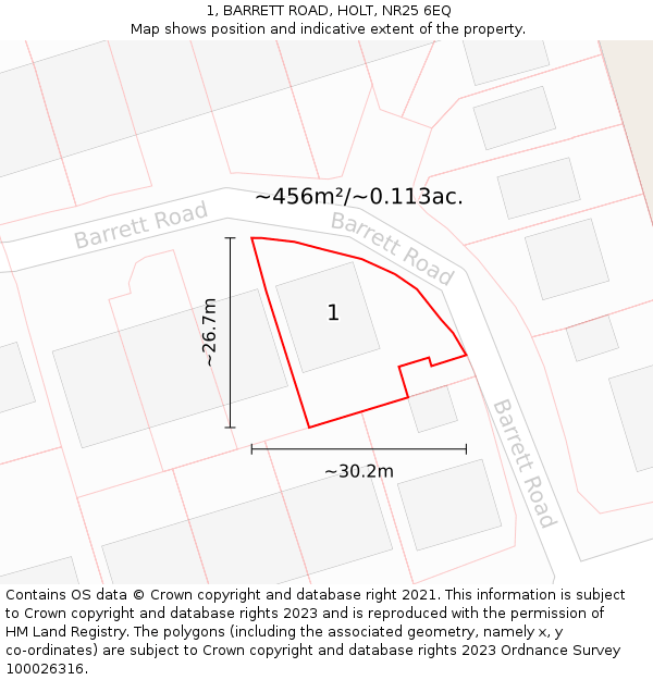 1, BARRETT ROAD, HOLT, NR25 6EQ: Plot and title map