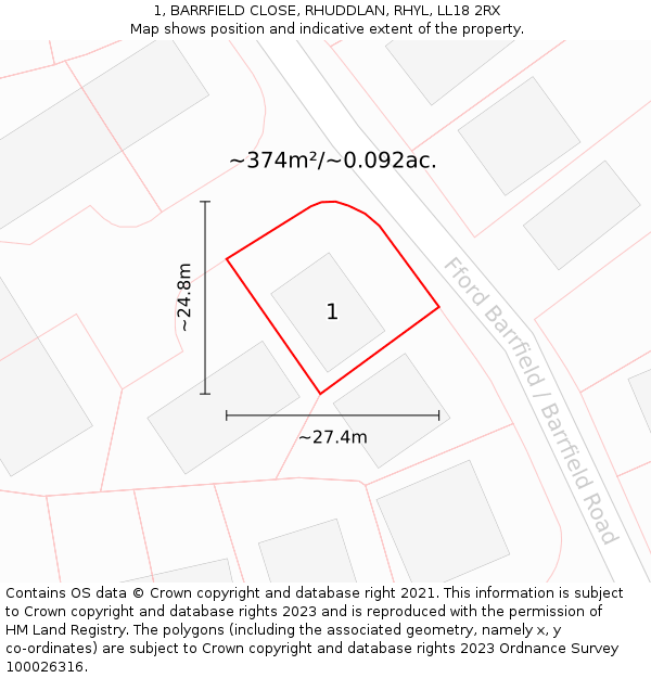 1, BARRFIELD CLOSE, RHUDDLAN, RHYL, LL18 2RX: Plot and title map