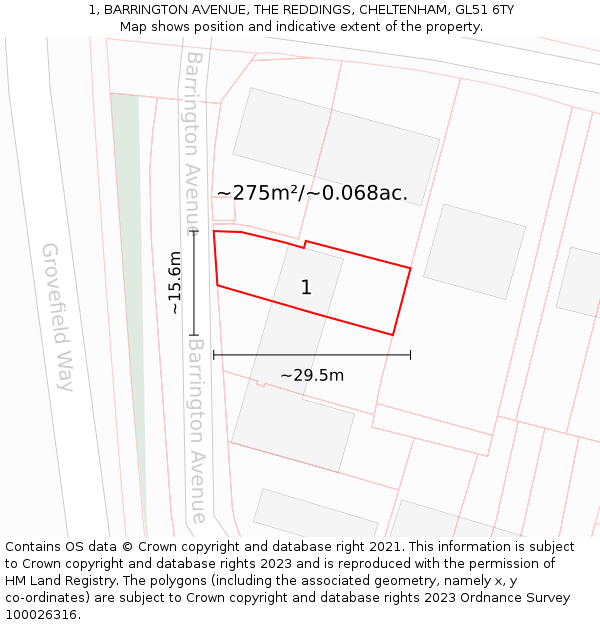 1, BARRINGTON AVENUE, THE REDDINGS, CHELTENHAM, GL51 6TY: Plot and title map