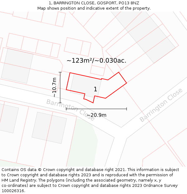 1, BARRINGTON CLOSE, GOSPORT, PO13 8NZ: Plot and title map