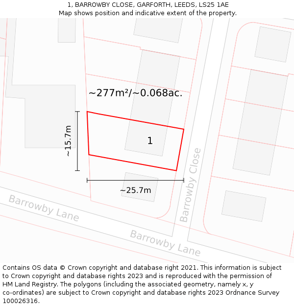 1, BARROWBY CLOSE, GARFORTH, LEEDS, LS25 1AE: Plot and title map