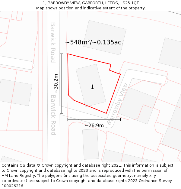 1, BARROWBY VIEW, GARFORTH, LEEDS, LS25 1QT: Plot and title map