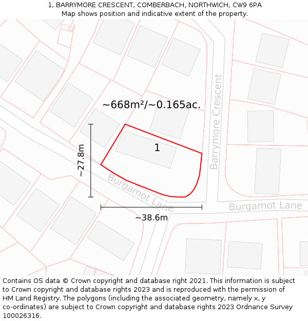 1, BARRYMORE CRESCENT, COMBERBACH, NORTHWICH, CW9 6PA: Plot and title map