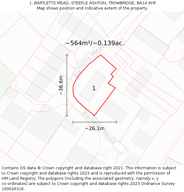 1, BARTLETTS MEAD, STEEPLE ASHTON, TROWBRIDGE, BA14 6HF: Plot and title map