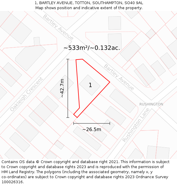 1, BARTLEY AVENUE, TOTTON, SOUTHAMPTON, SO40 9AL: Plot and title map