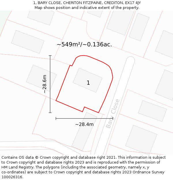 1, BARY CLOSE, CHERITON FITZPAINE, CREDITON, EX17 4JY: Plot and title map