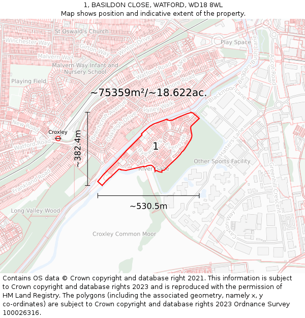 1, BASILDON CLOSE, WATFORD, WD18 8WL: Plot and title map