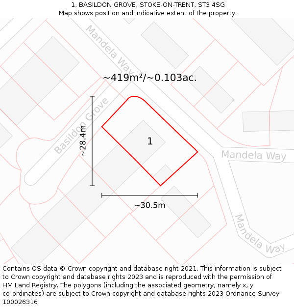 1, BASILDON GROVE, STOKE-ON-TRENT, ST3 4SG: Plot and title map