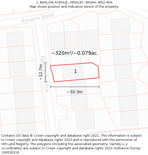 1, BASLOW AVENUE, HINDLEY, WIGAN, WN2 4NX: Plot and title map