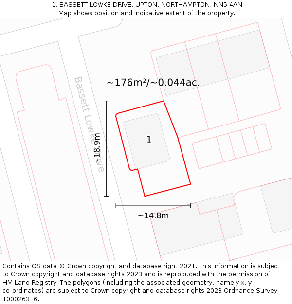 1, BASSETT LOWKE DRIVE, UPTON, NORTHAMPTON, NN5 4AN: Plot and title map