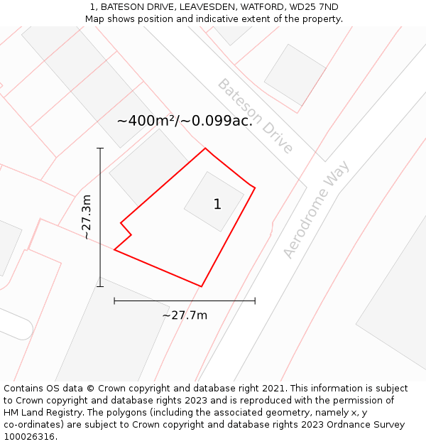 1, BATESON DRIVE, LEAVESDEN, WATFORD, WD25 7ND: Plot and title map