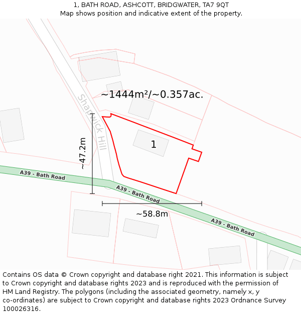 1, BATH ROAD, ASHCOTT, BRIDGWATER, TA7 9QT: Plot and title map