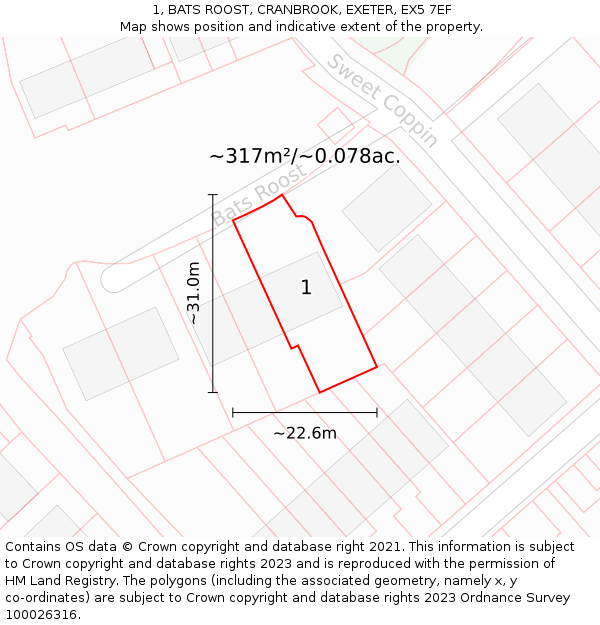 1, BATS ROOST, CRANBROOK, EXETER, EX5 7EF: Plot and title map