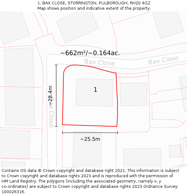 1, BAX CLOSE, STORRINGTON, PULBOROUGH, RH20 4GZ: Plot and title map