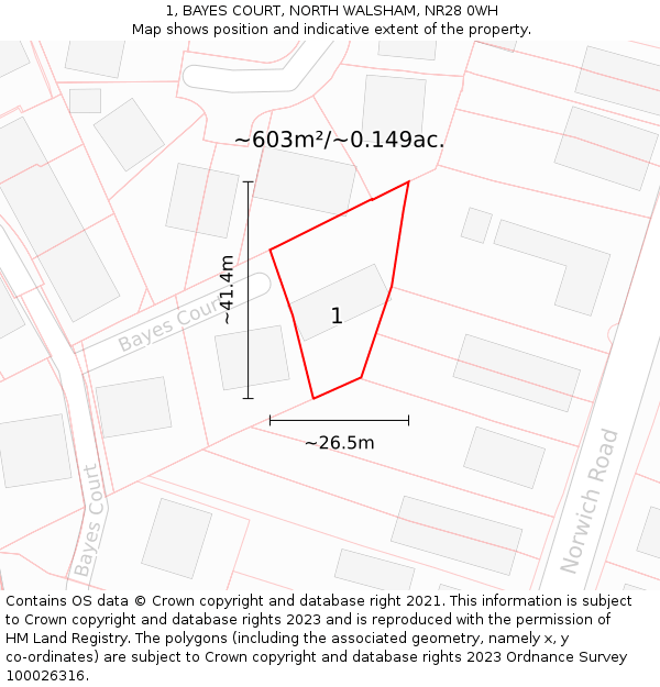 1, BAYES COURT, NORTH WALSHAM, NR28 0WH: Plot and title map