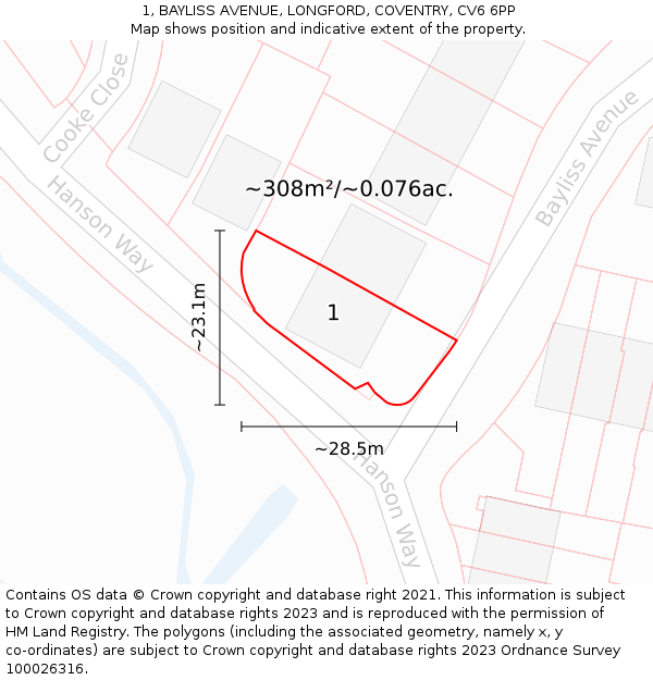 1, BAYLISS AVENUE, LONGFORD, COVENTRY, CV6 6PP: Plot and title map