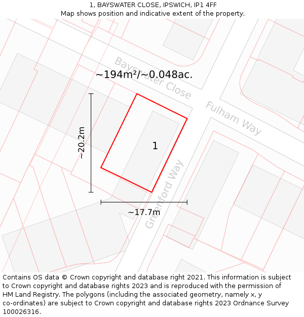 1, BAYSWATER CLOSE, IPSWICH, IP1 4FF: Plot and title map