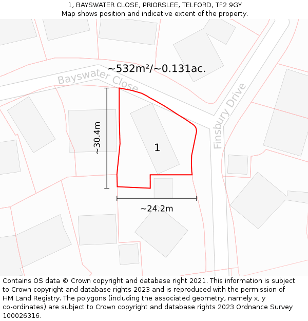 1, BAYSWATER CLOSE, PRIORSLEE, TELFORD, TF2 9GY: Plot and title map