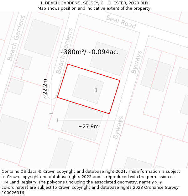 1, BEACH GARDENS, SELSEY, CHICHESTER, PO20 0HX: Plot and title map