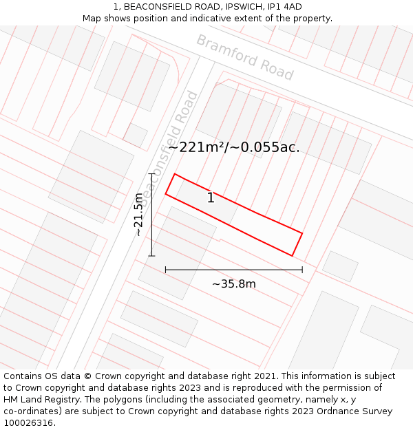 1, BEACONSFIELD ROAD, IPSWICH, IP1 4AD: Plot and title map