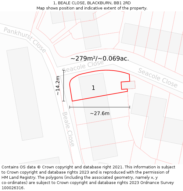 1, BEALE CLOSE, BLACKBURN, BB1 2RD: Plot and title map