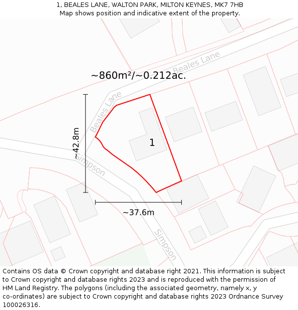 1, BEALES LANE, WALTON PARK, MILTON KEYNES, MK7 7HB: Plot and title map