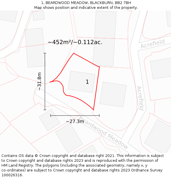 1, BEARDWOOD MEADOW, BLACKBURN, BB2 7BH: Plot and title map