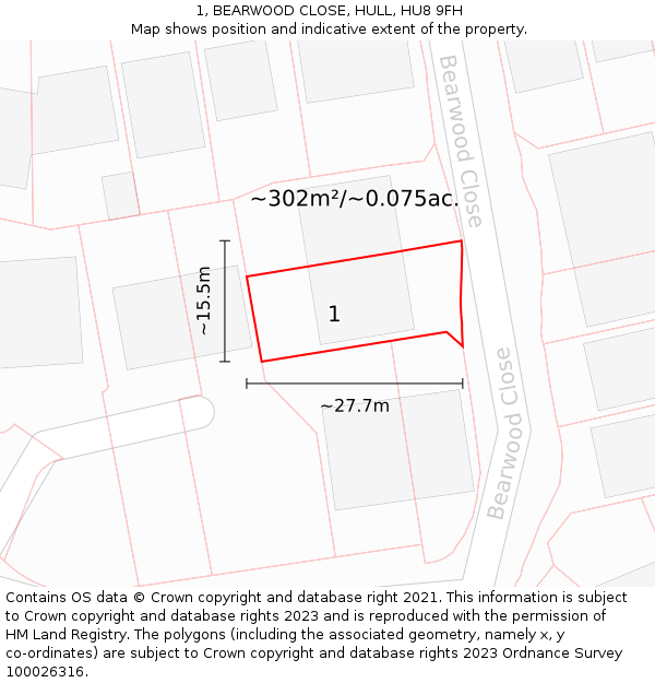 1, BEARWOOD CLOSE, HULL, HU8 9FH: Plot and title map