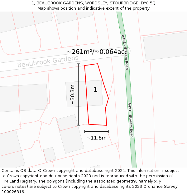 1, BEAUBROOK GARDENS, WORDSLEY, STOURBRIDGE, DY8 5QJ: Plot and title map