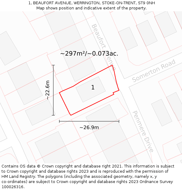 1, BEAUFORT AVENUE, WERRINGTON, STOKE-ON-TRENT, ST9 0NH: Plot and title map
