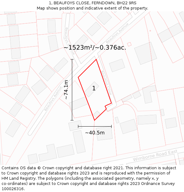 1, BEAUFOYS CLOSE, FERNDOWN, BH22 9RS: Plot and title map