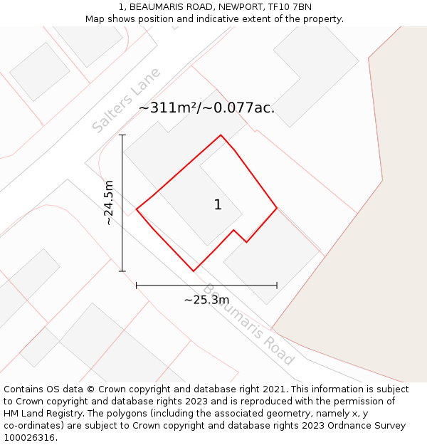 1, BEAUMARIS ROAD, NEWPORT, TF10 7BN: Plot and title map