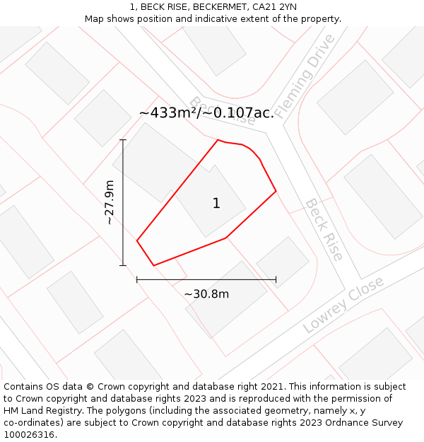 1, BECK RISE, BECKERMET, CA21 2YN: Plot and title map