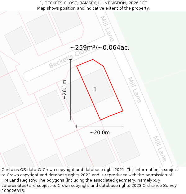 1, BECKETS CLOSE, RAMSEY, HUNTINGDON, PE26 1ET: Plot and title map