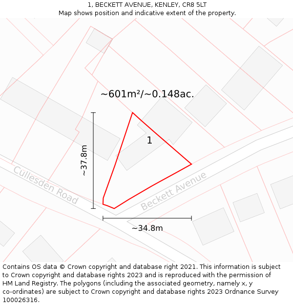 1, BECKETT AVENUE, KENLEY, CR8 5LT: Plot and title map