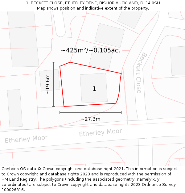 1, BECKETT CLOSE, ETHERLEY DENE, BISHOP AUCKLAND, DL14 0SU: Plot and title map