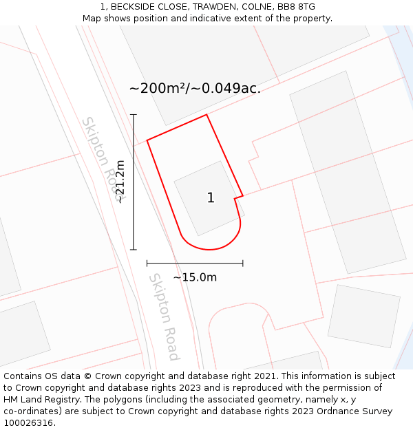 1, BECKSIDE CLOSE, TRAWDEN, COLNE, BB8 8TG: Plot and title map