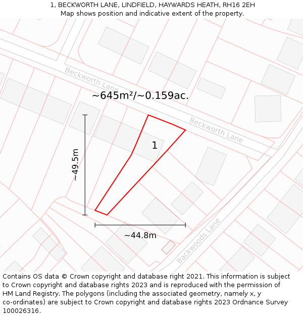 1, BECKWORTH LANE, LINDFIELD, HAYWARDS HEATH, RH16 2EH: Plot and title map