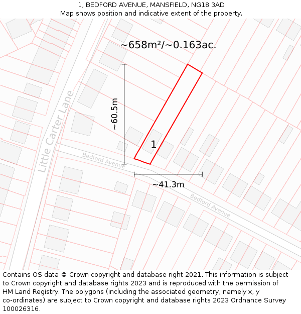 1, BEDFORD AVENUE, MANSFIELD, NG18 3AD: Plot and title map