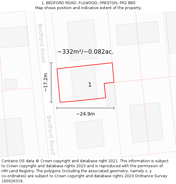 1, BEDFORD ROAD, FULWOOD, PRESTON, PR2 8BS: Plot and title map