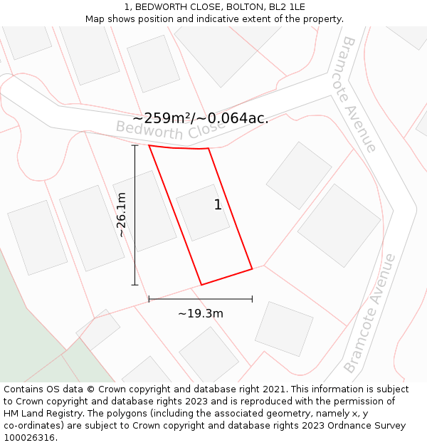 1, BEDWORTH CLOSE, BOLTON, BL2 1LE: Plot and title map