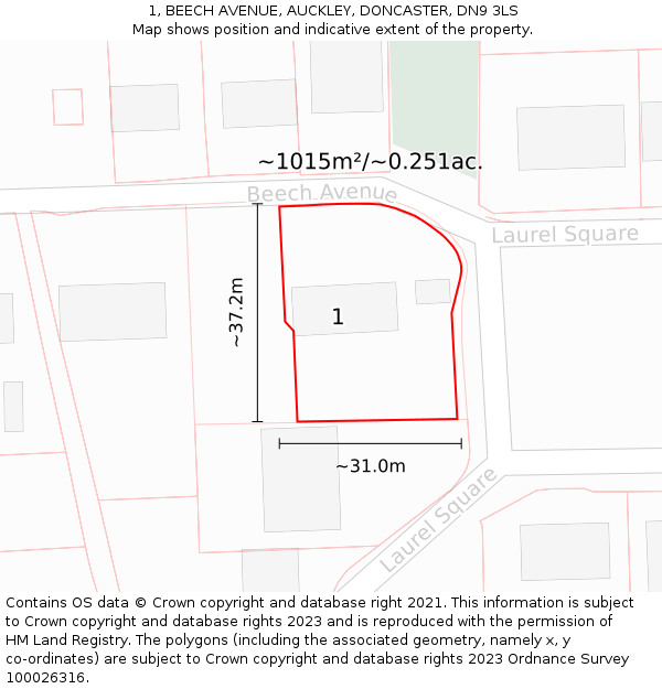 1, BEECH AVENUE, AUCKLEY, DONCASTER, DN9 3LS: Plot and title map