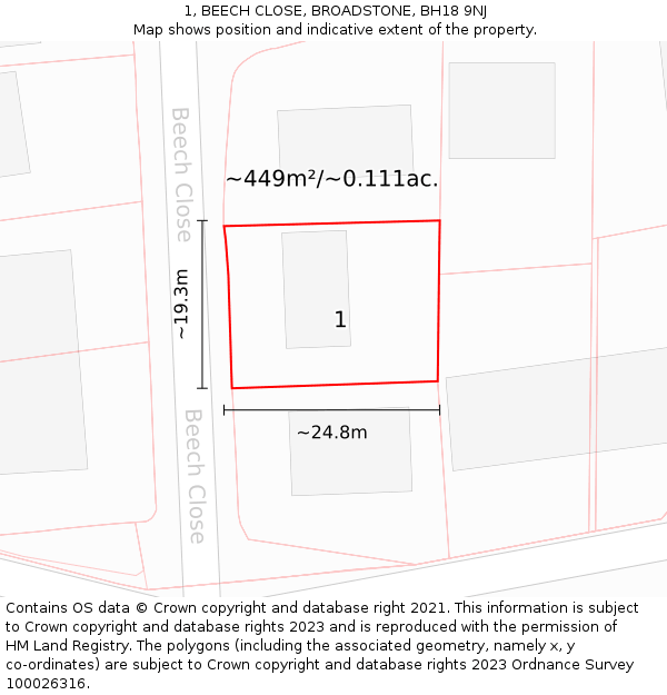 1, BEECH CLOSE, BROADSTONE, BH18 9NJ: Plot and title map