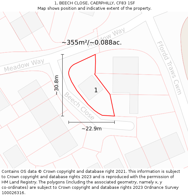 1, BEECH CLOSE, CAERPHILLY, CF83 1SF: Plot and title map